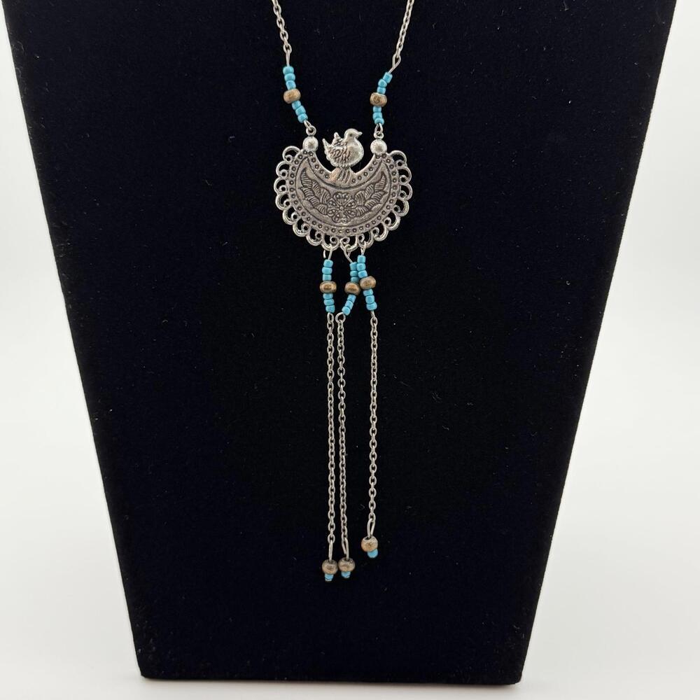 Native American Style Silver Pendant Necklace with Faux Turquoise Beads
